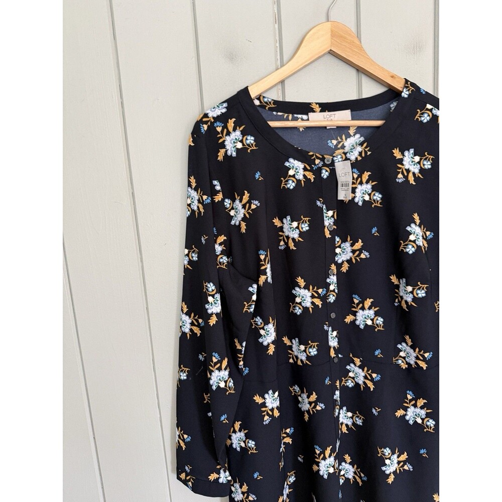 Loft Outlet Floral Dress 18 Navy Blue Floral Button Front Chiffon Long Sleeves - Picture 3 of 9